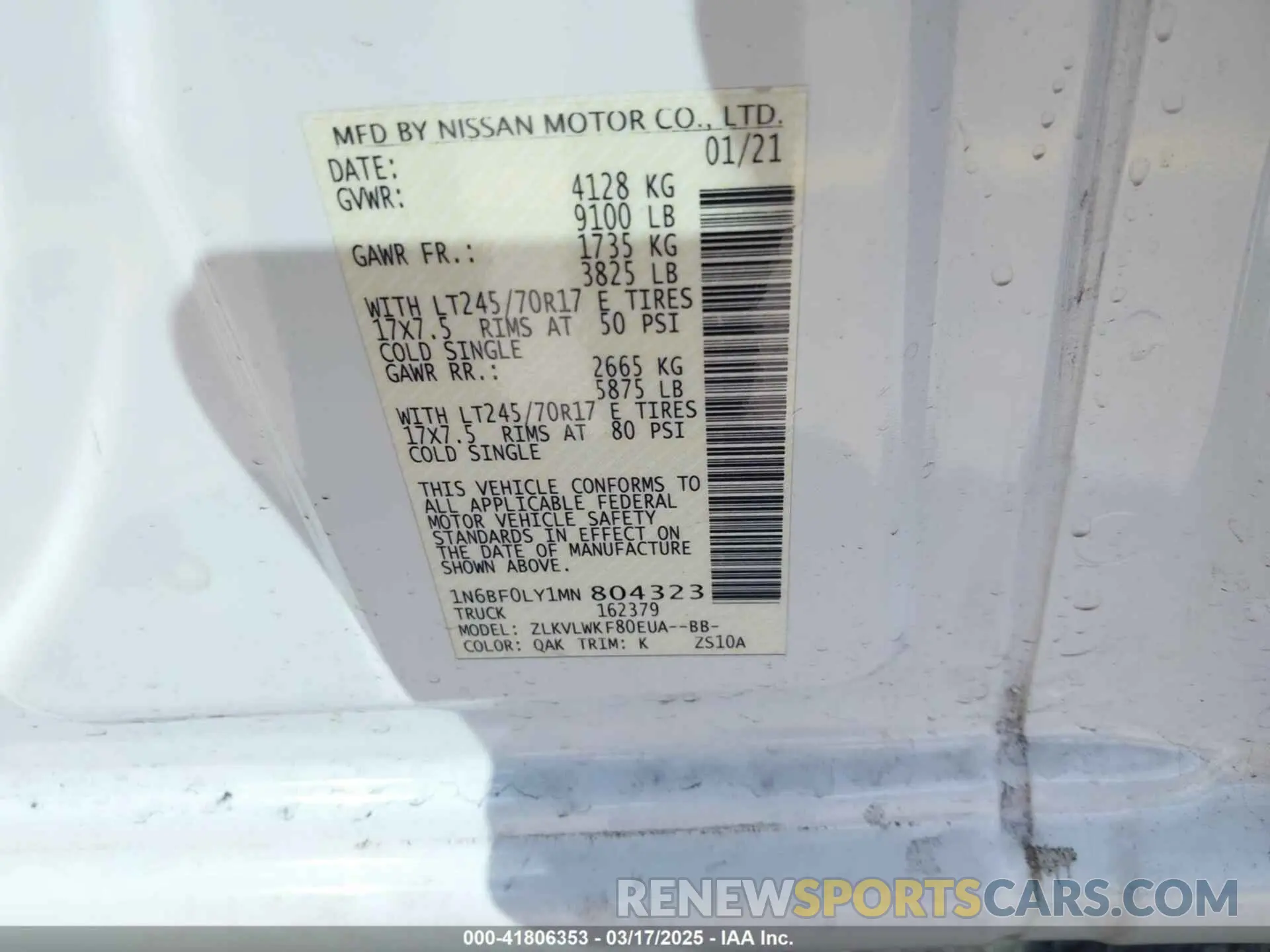 9 Photograph of a damaged car 1N6BF0LY1MN804323 NISSAN NV CARGO NV2500 HD 2021