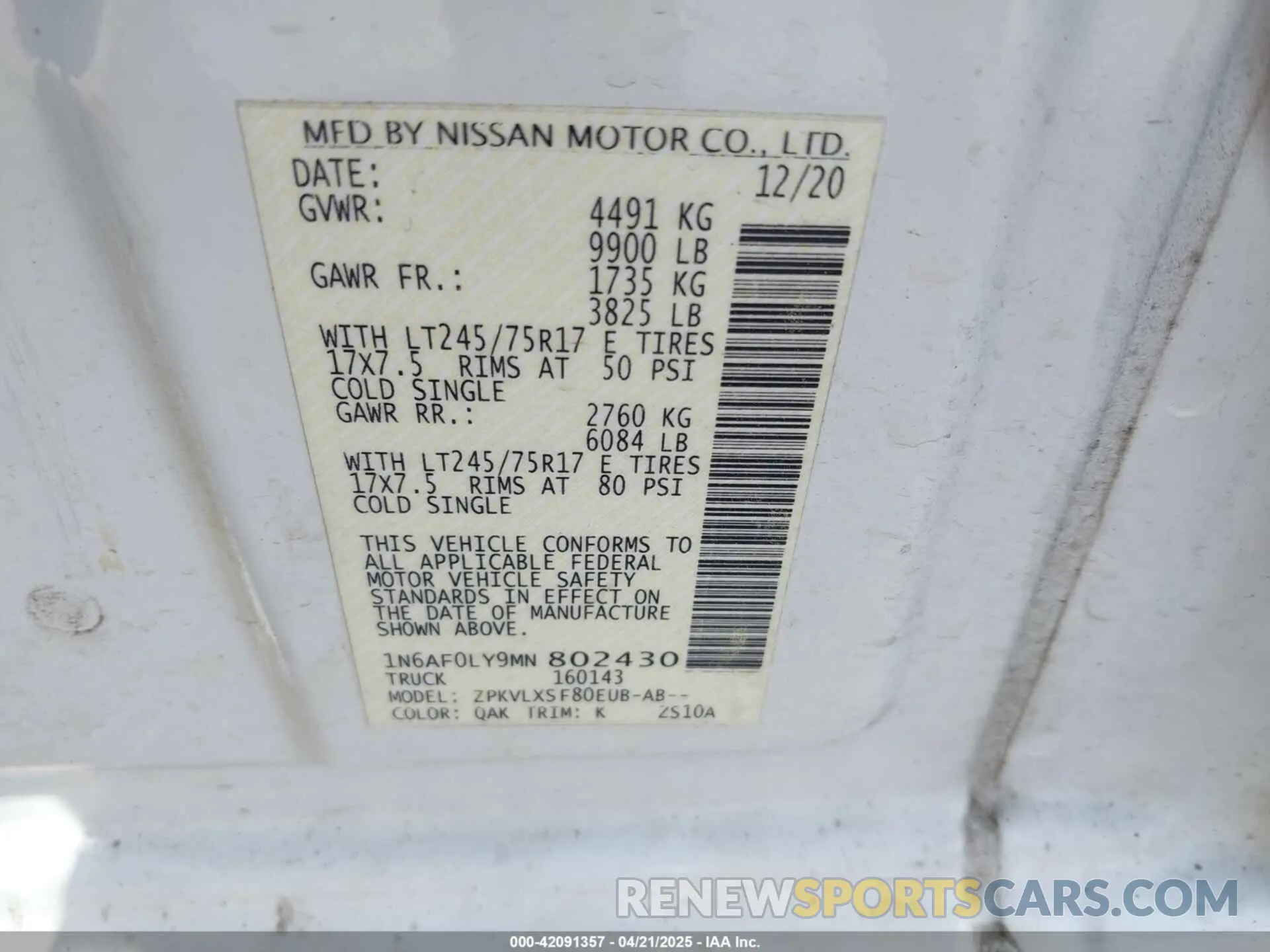 9 Photograph of a damaged car 1N6AF0LY9MN802430 NISSAN NV CARGO NV3500 HD 2021