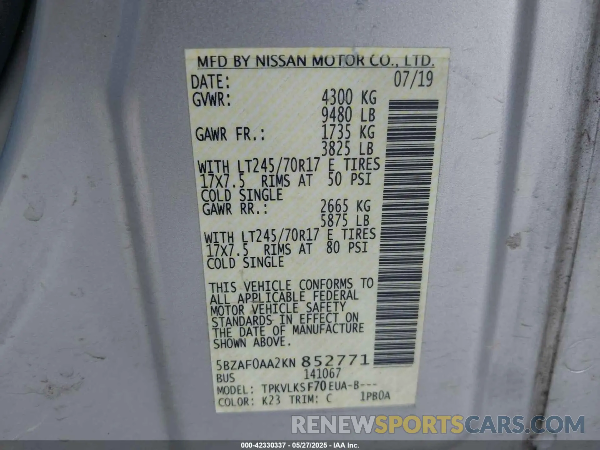 9 Photograph of a damaged car 5BZAF0AA2KN852771 NISSAN NV PASSENGER NV3500 HD 2019