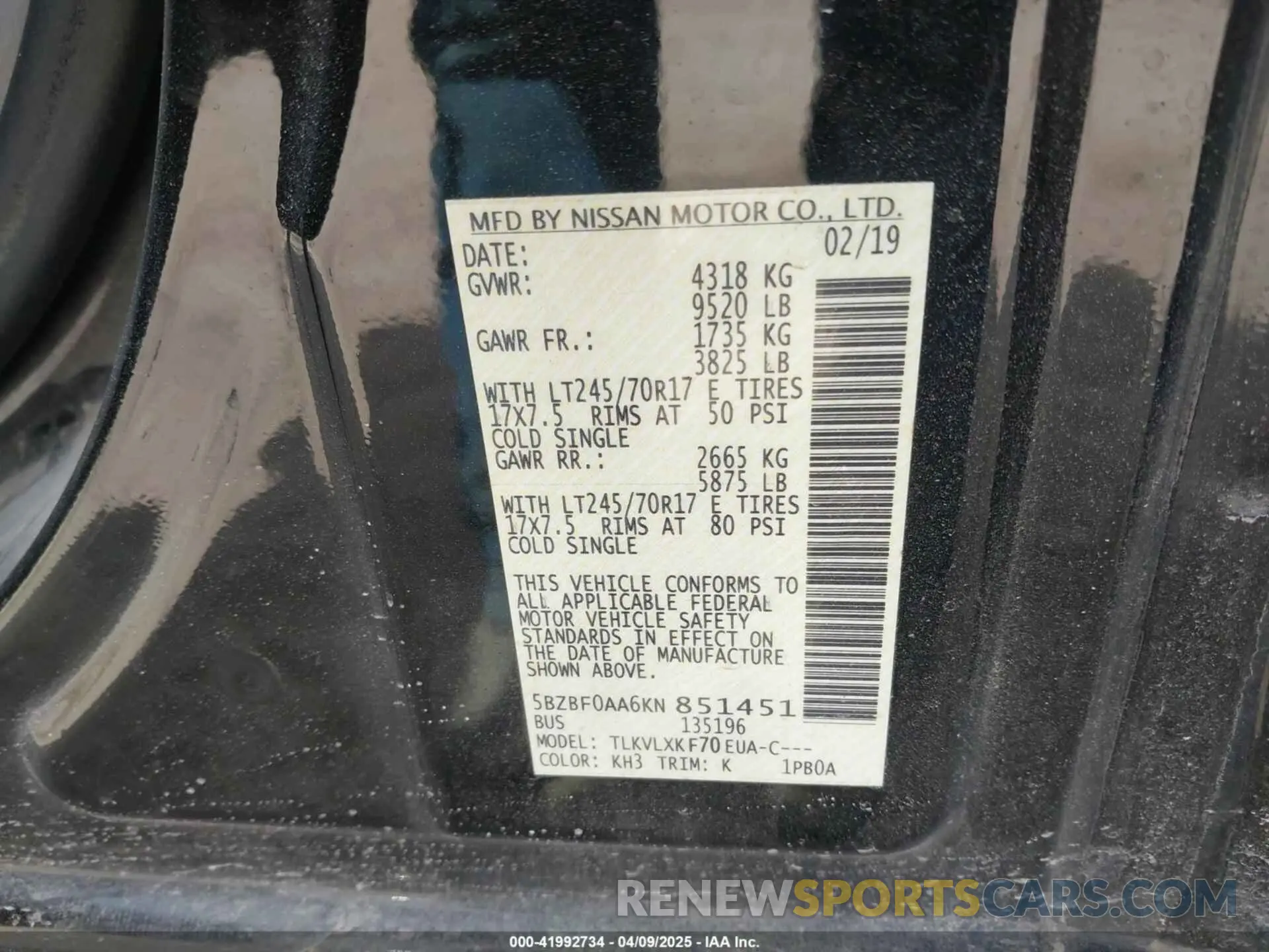 9 Photograph of a damaged car 5BZBF0AA6KN851451 NISSAN NV PASSENGER NV3500 HD 2019