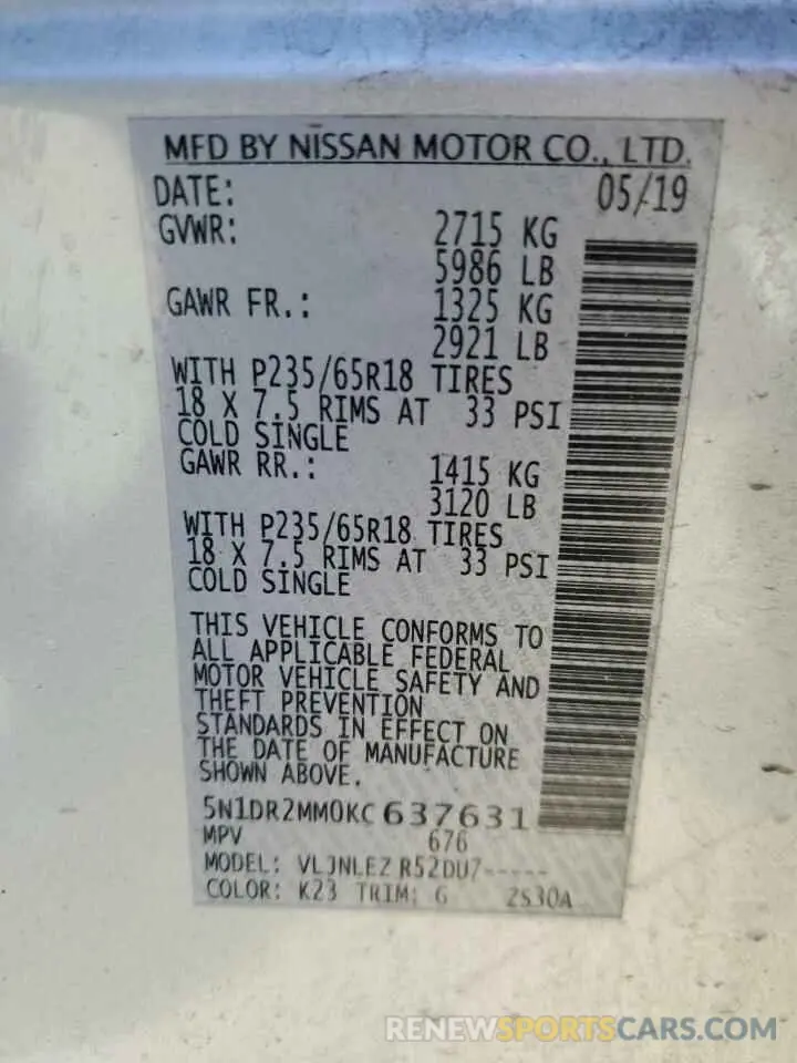 14 Photograph of a damaged car 5N1DR2MM0KC637631 NISSAN PATHFINDER 2019