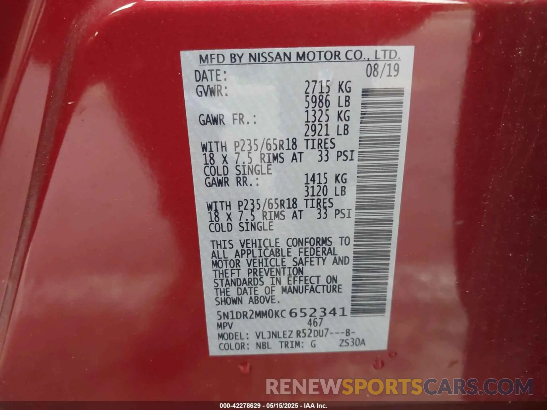 9 Photograph of a damaged car 5N1DR2MM0KC652341 NISSAN PATHFINDER 2019