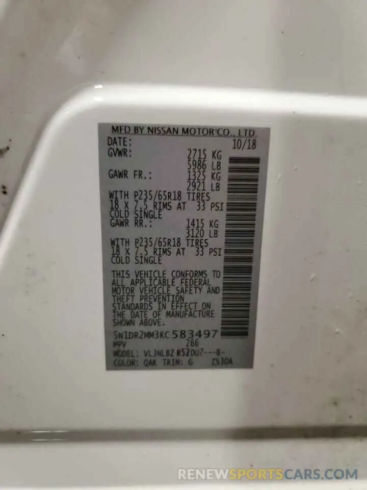 14 Photograph of a damaged car 5N1DR2MM3KC583497 NISSAN PATHFINDER 2019