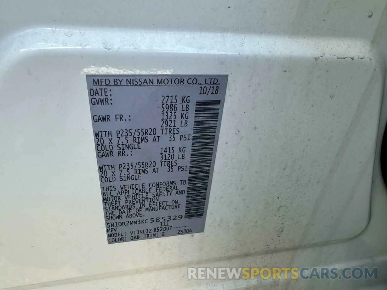 10 Photograph of a damaged car 5N1DR2MM3KC585329 NISSAN PATHFINDER 2019