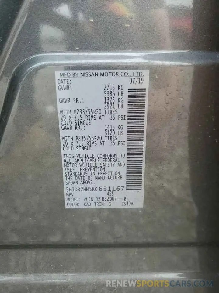 13 Photograph of a damaged car 5N1DR2MM5KC651167 NISSAN PATHFINDER 2019