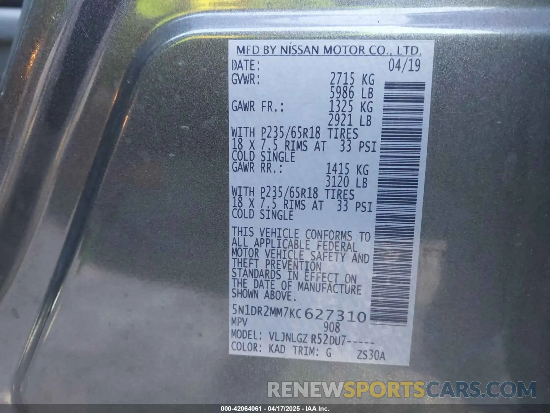 9 Photograph of a damaged car 5N1DR2MM7KC627310 NISSAN PATHFINDER 2019