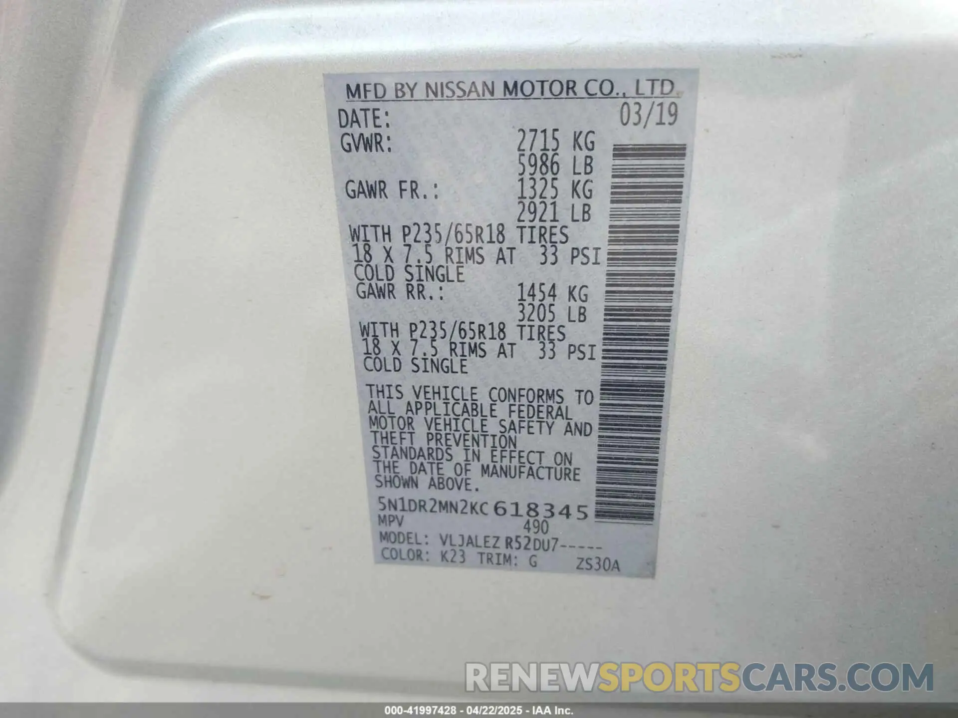 9 Photograph of a damaged car 5N1DR2MN2KC618345 NISSAN PATHFINDER 2019