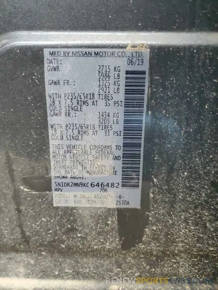 13 Photograph of a damaged car 5N1DR2MN9KC646482 NISSAN PATHFINDER 2019