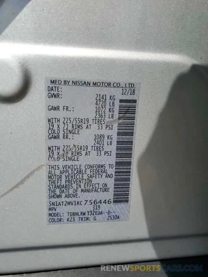 13 Photograph of a damaged car 5N1AT2MV1KC756446 NISSAN ROGUE 2019