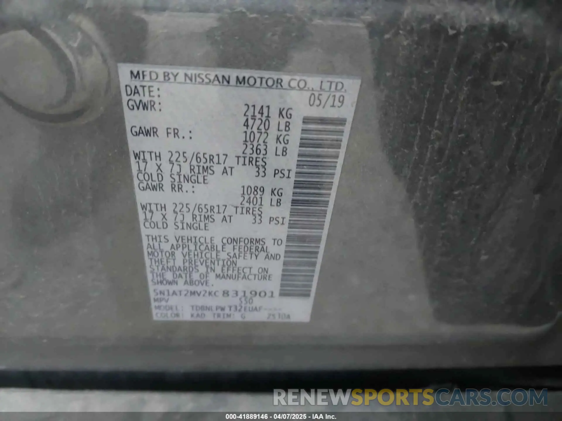 9 Photograph of a damaged car 5N1AT2MV2KC831901 NISSAN ROGUE 2019