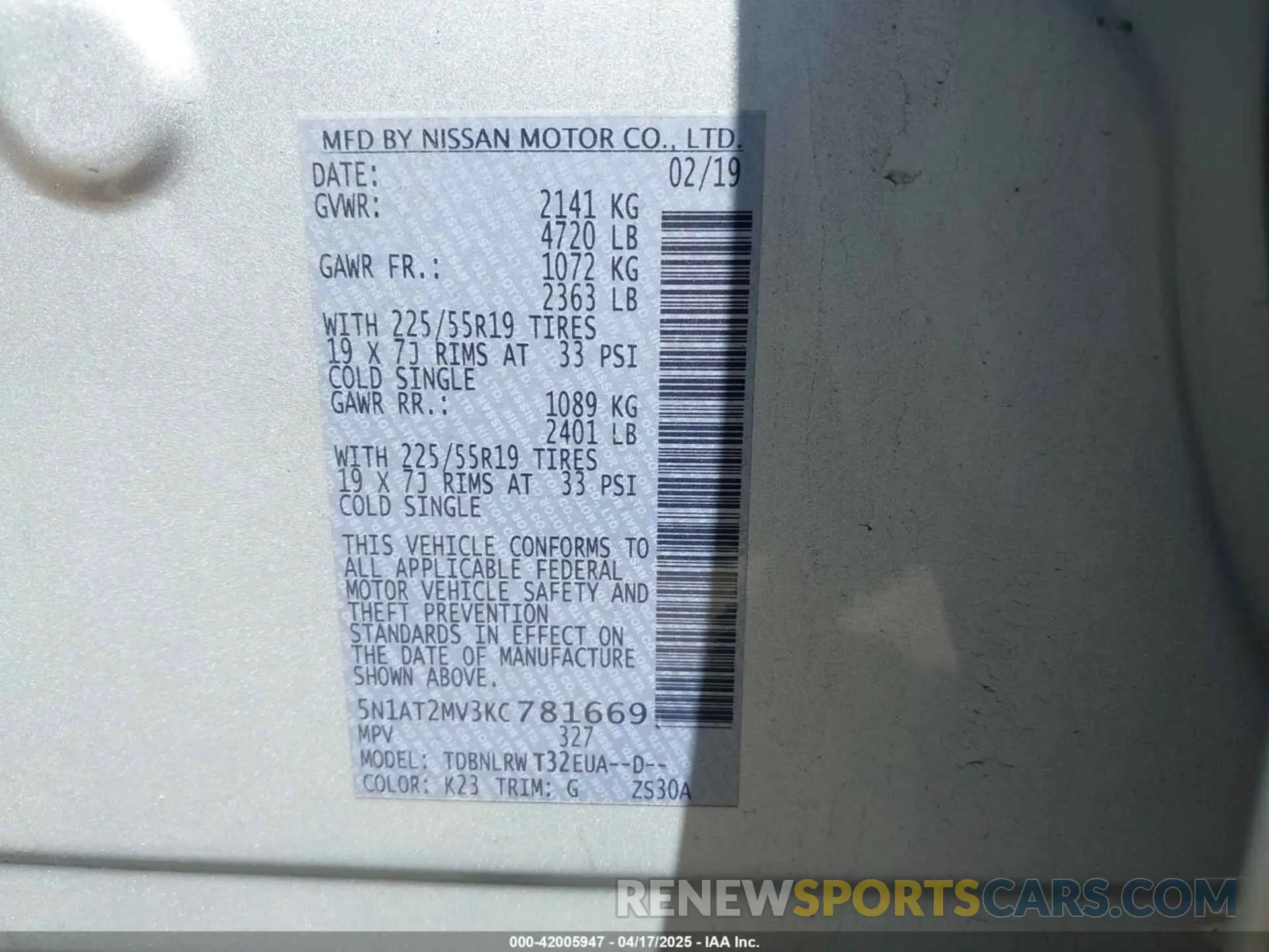 9 Photograph of a damaged car 5N1AT2MV3KC781669 NISSAN ROGUE 2019