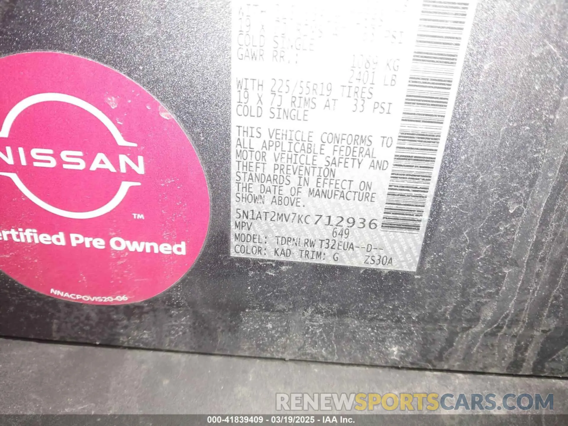 9 Photograph of a damaged car 5N1AT2MV7KC712936 NISSAN ROGUE 2019