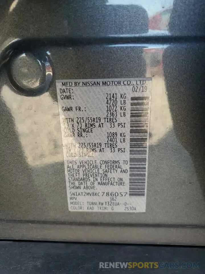 12 Photograph of a damaged car 5N1AT2MV8KC786057 NISSAN ROGUE 2019