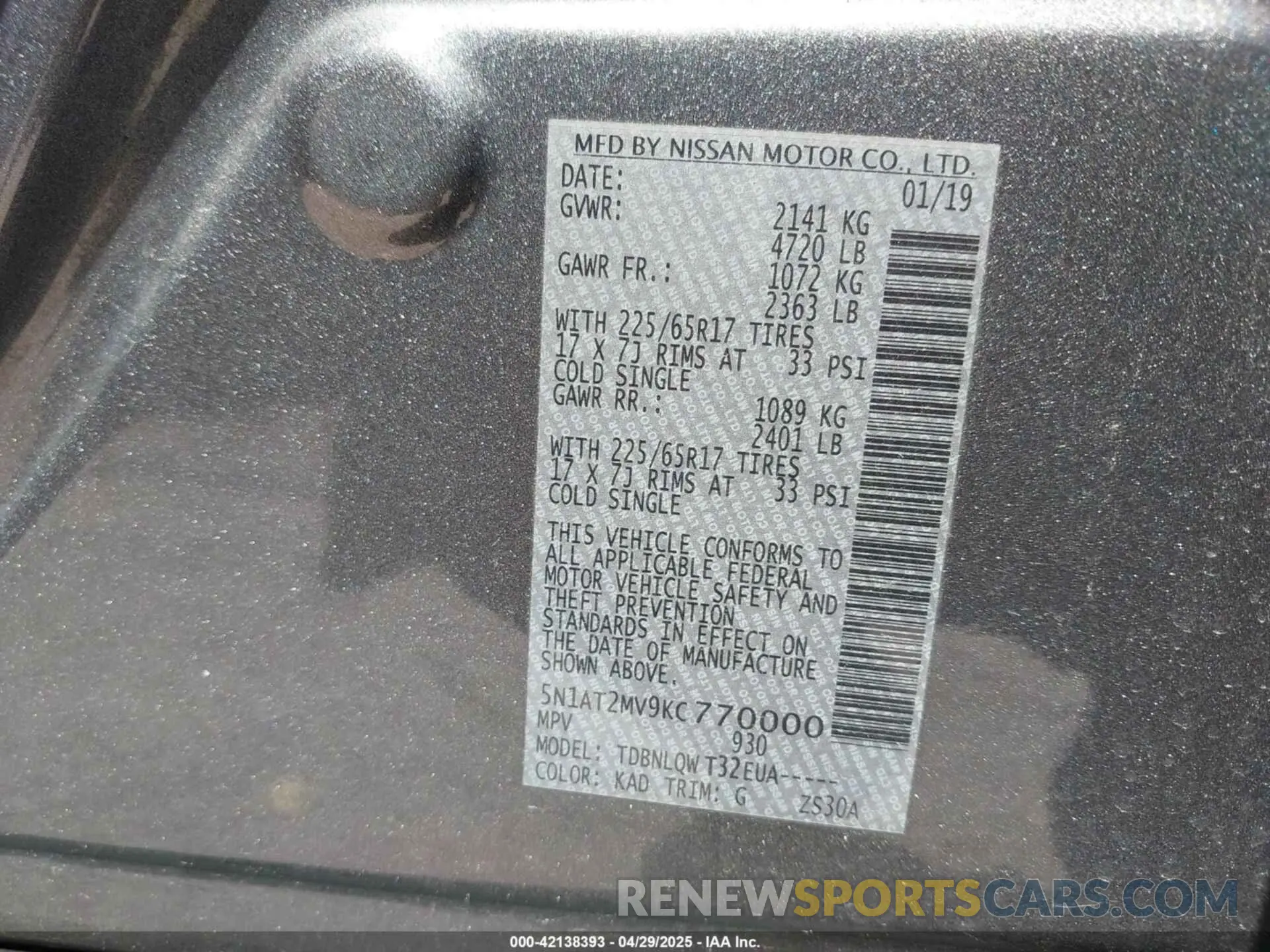 9 Photograph of a damaged car 5N1AT2MV9KC770000 NISSAN ROGUE 2019