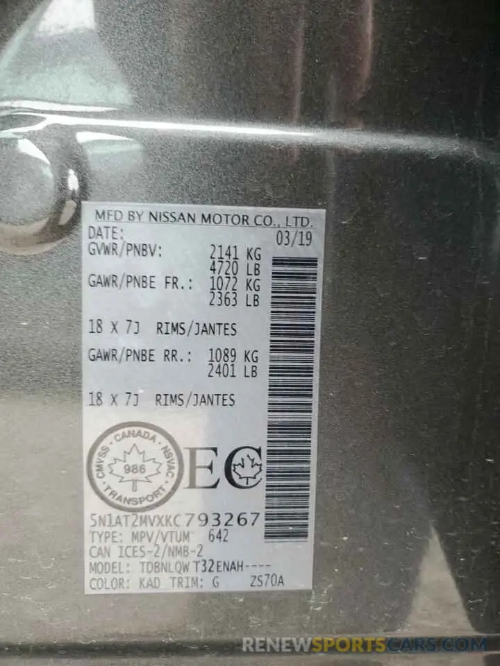 13 Photograph of a damaged car 5N1AT2MVXKC793267 NISSAN ROGUE 2019