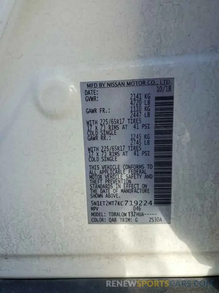 12 Photograph of a damaged car 5N1ET2MT7KC719224 NISSAN ROGUE 2019