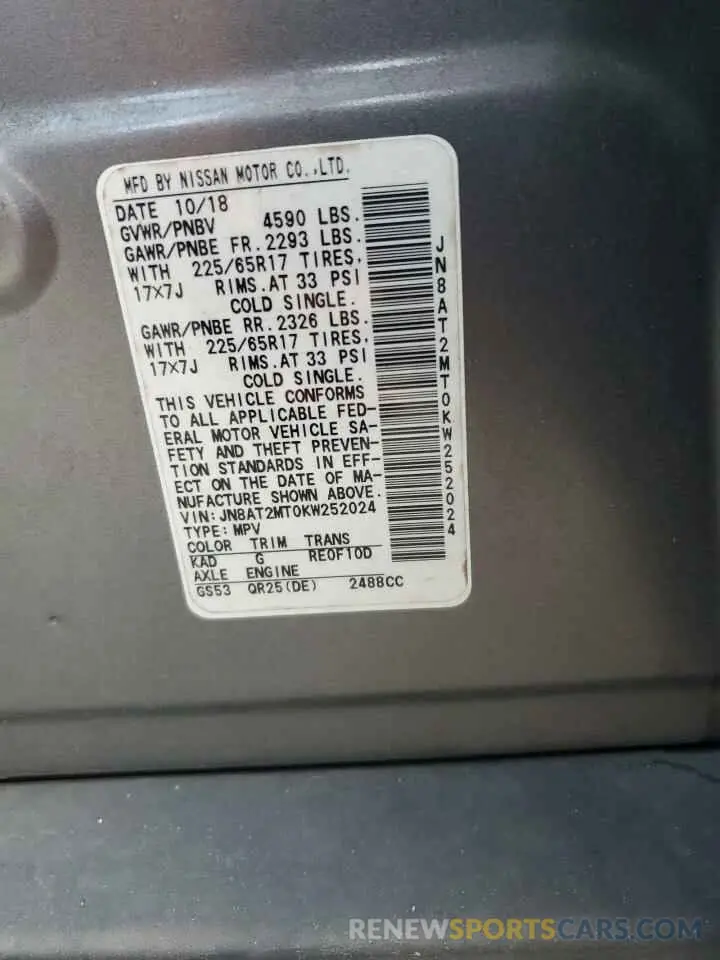 12 Photograph of a damaged car JN8AT2MT0KW252024 NISSAN ROGUE 2019