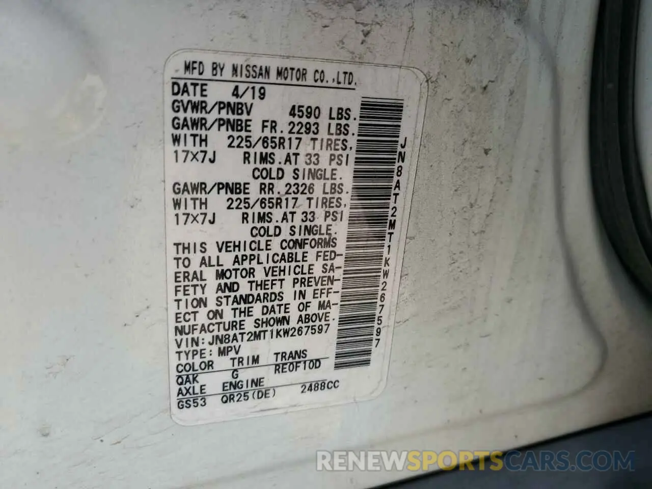 15 Photograph of a damaged car JN8AT2MT1KW267597 NISSAN ROGUE 2019