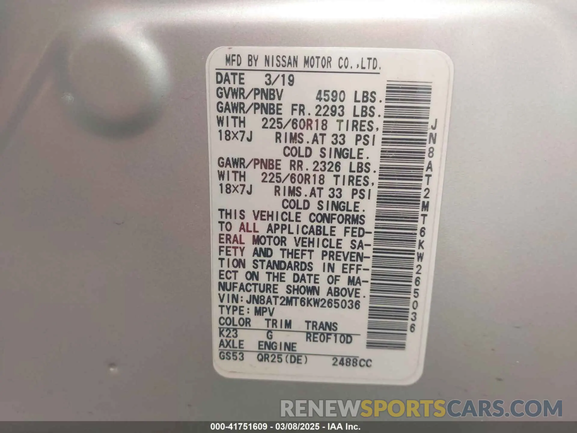 9 Photograph of a damaged car JN8AT2MT6KW265036 NISSAN ROGUE 2019
