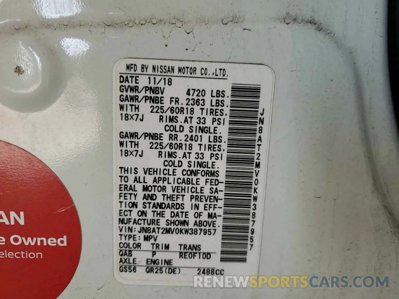 13 Photograph of a damaged car JN8AT2MV0KW387957 NISSAN ROGUE 2019