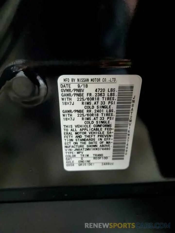 14 Photograph of a damaged car JN8AT2MV1KW374490 NISSAN ROGUE 2019