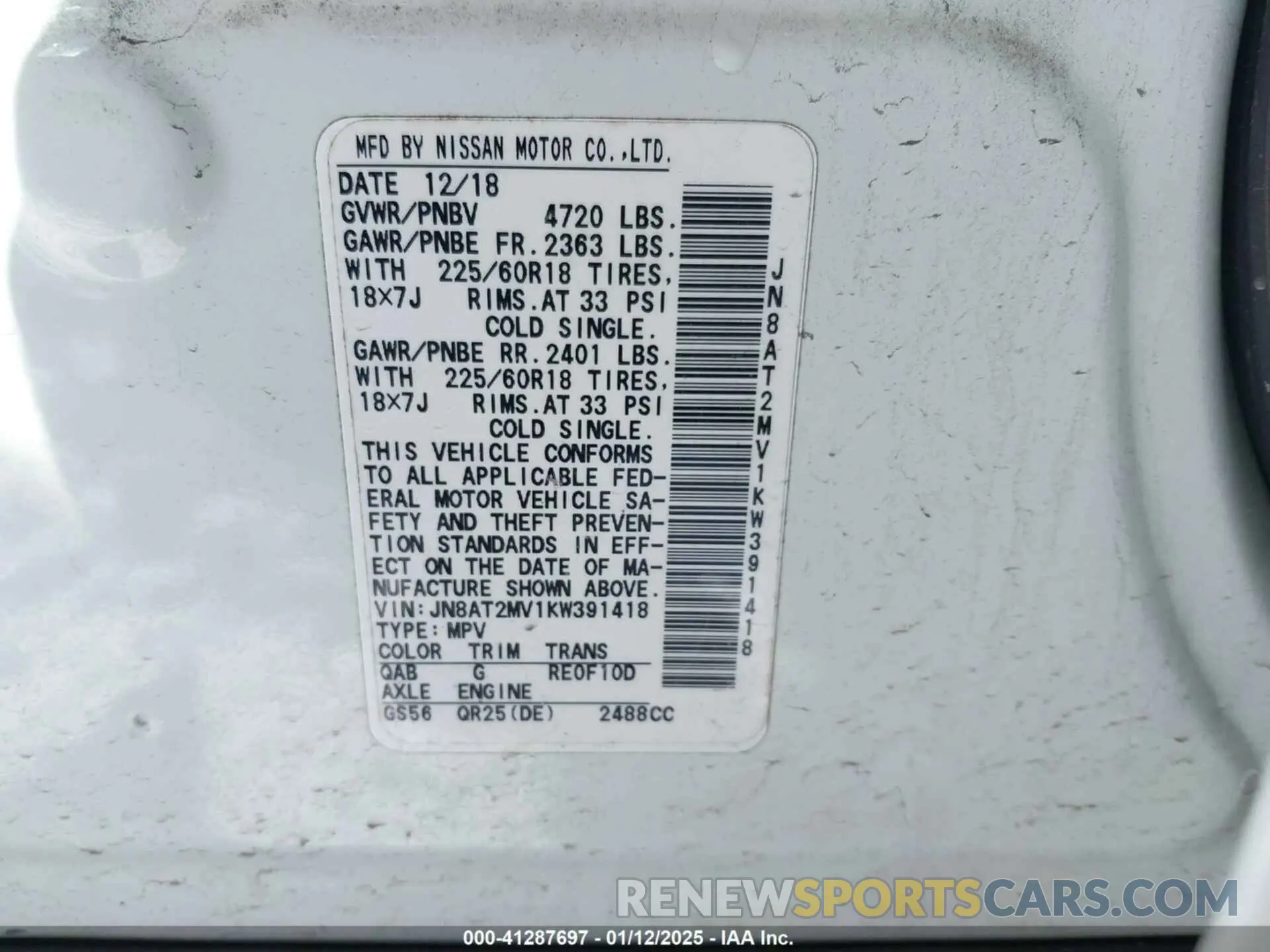 9 Photograph of a damaged car JN8AT2MV1KW391418 NISSAN ROGUE 2019