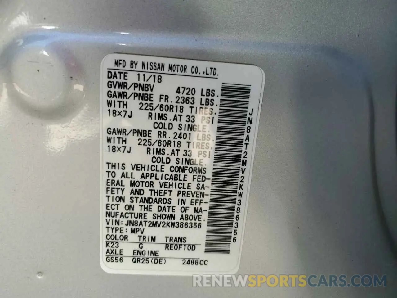 12 Photograph of a damaged car JN8AT2MV2KW386356 NISSAN ROGUE 2019