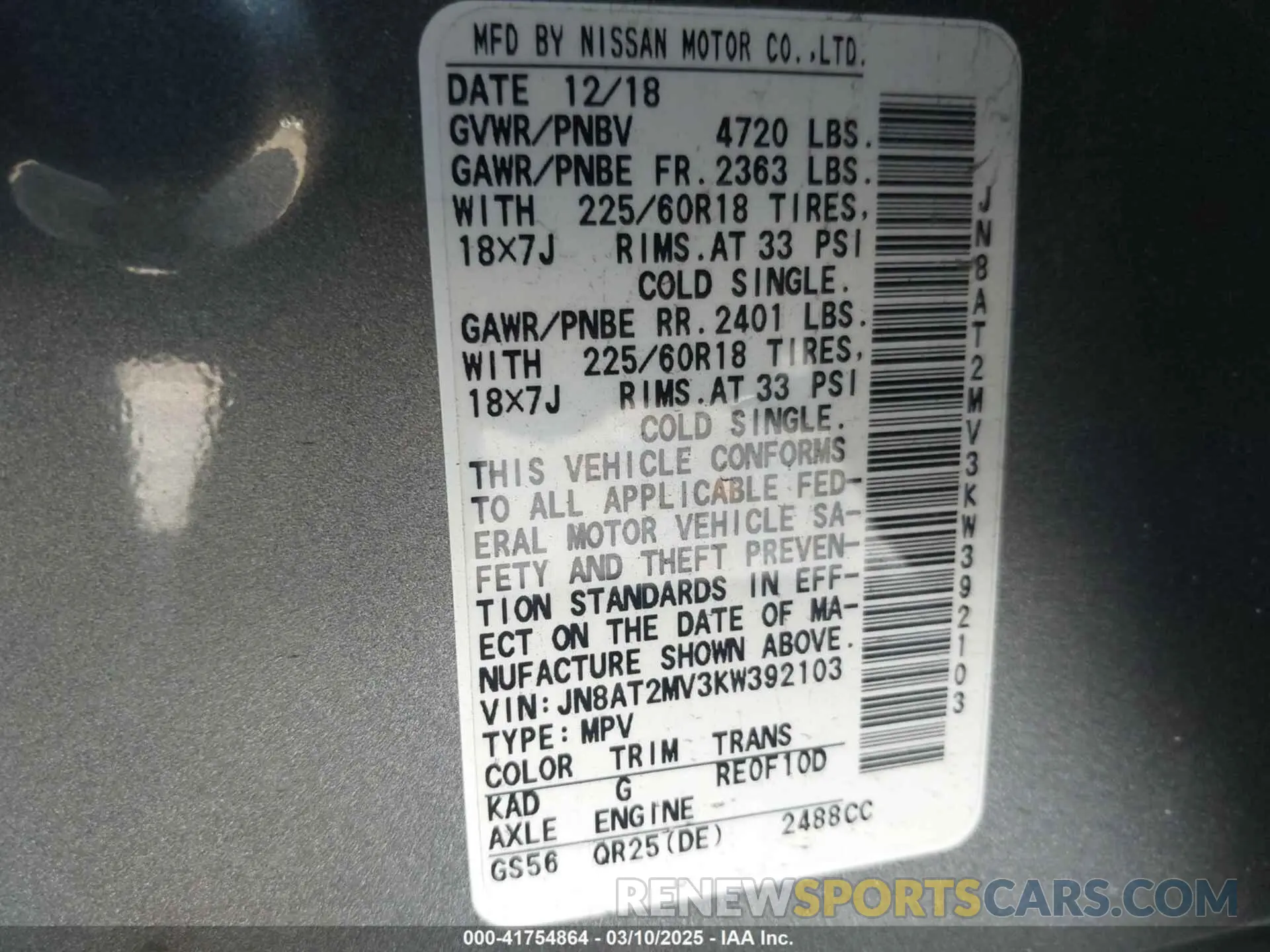 9 Photograph of a damaged car JN8AT2MV3KW392103 NISSAN ROGUE 2019