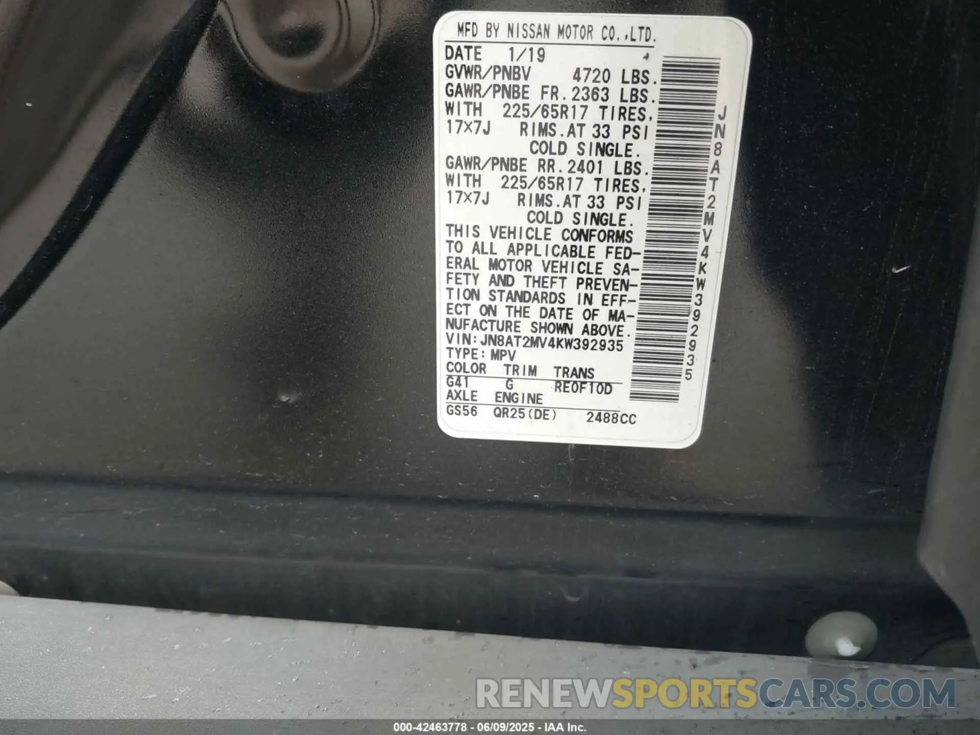 9 Photograph of a damaged car JN8AT2MV4KW392935 NISSAN ROGUE 2019
