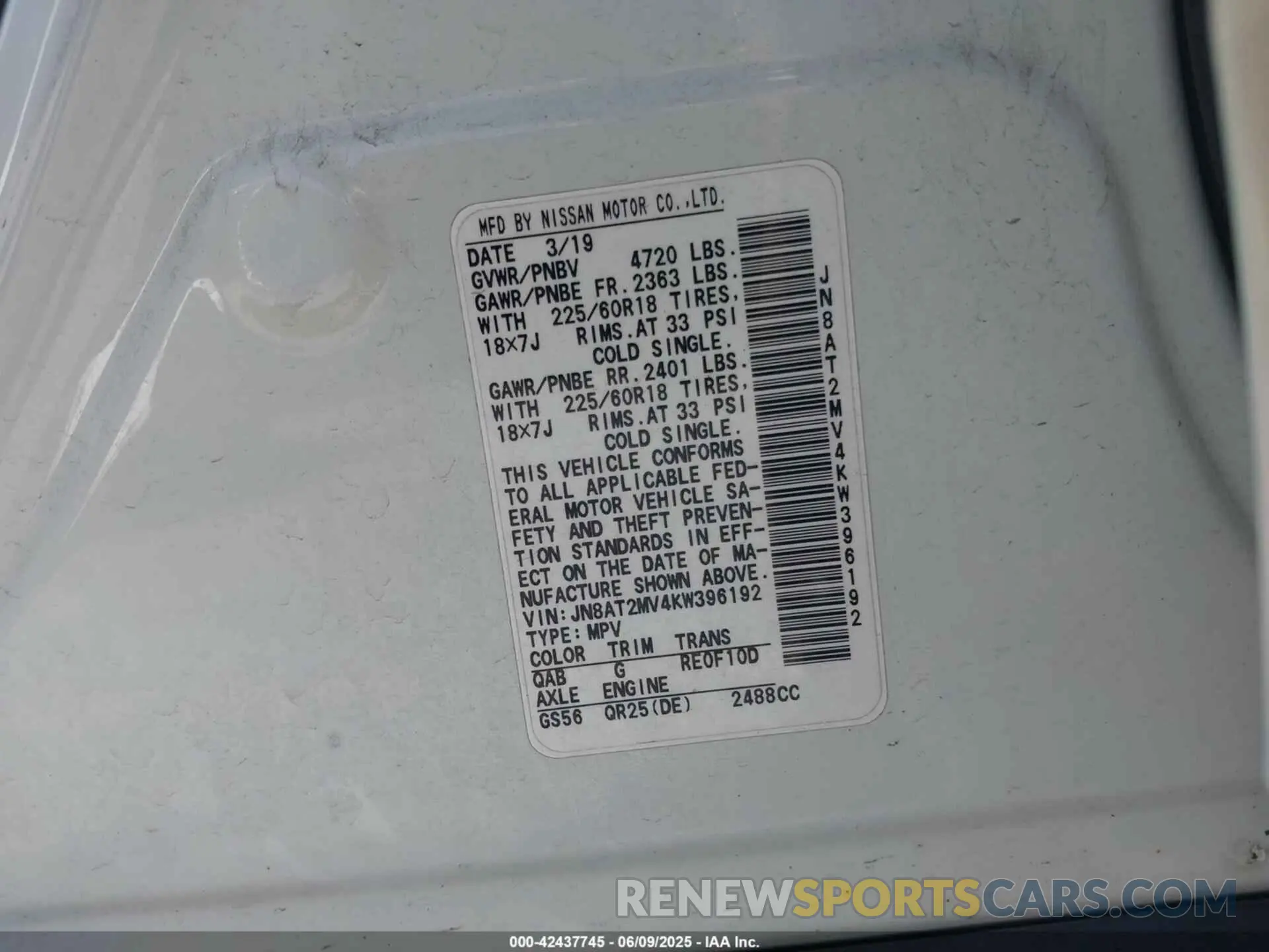 9 Photograph of a damaged car JN8AT2MV4KW396192 NISSAN ROGUE 2019