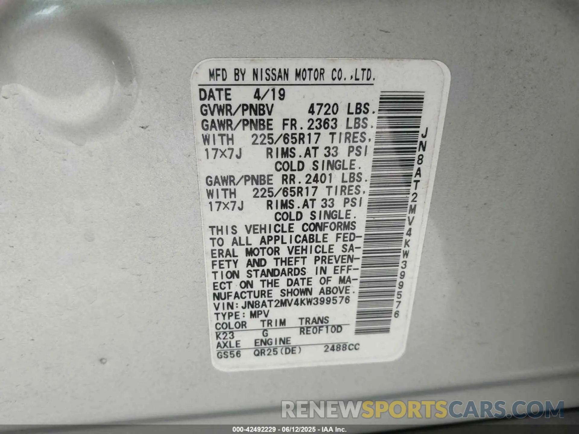 9 Photograph of a damaged car JN8AT2MV4KW399576 NISSAN ROGUE 2019