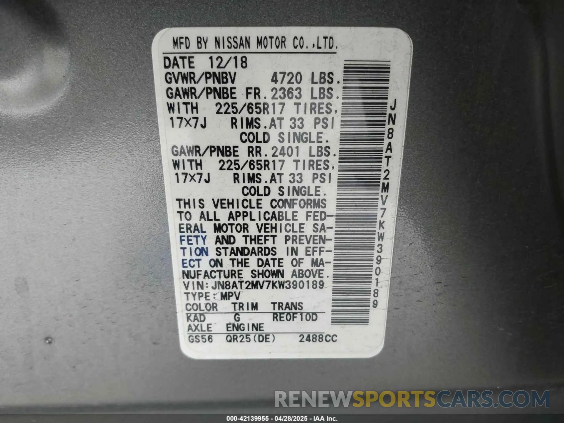 9 Photograph of a damaged car JN8AT2MV7KW390189 NISSAN ROGUE 2019