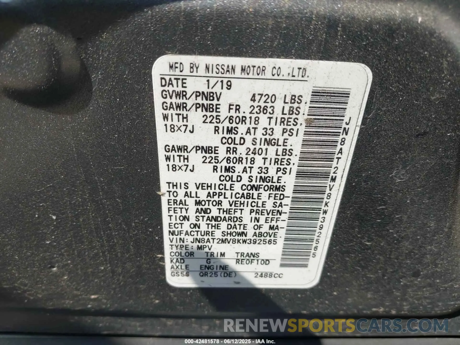 9 Photograph of a damaged car JN8AT2MV8KW392565 NISSAN ROGUE 2019