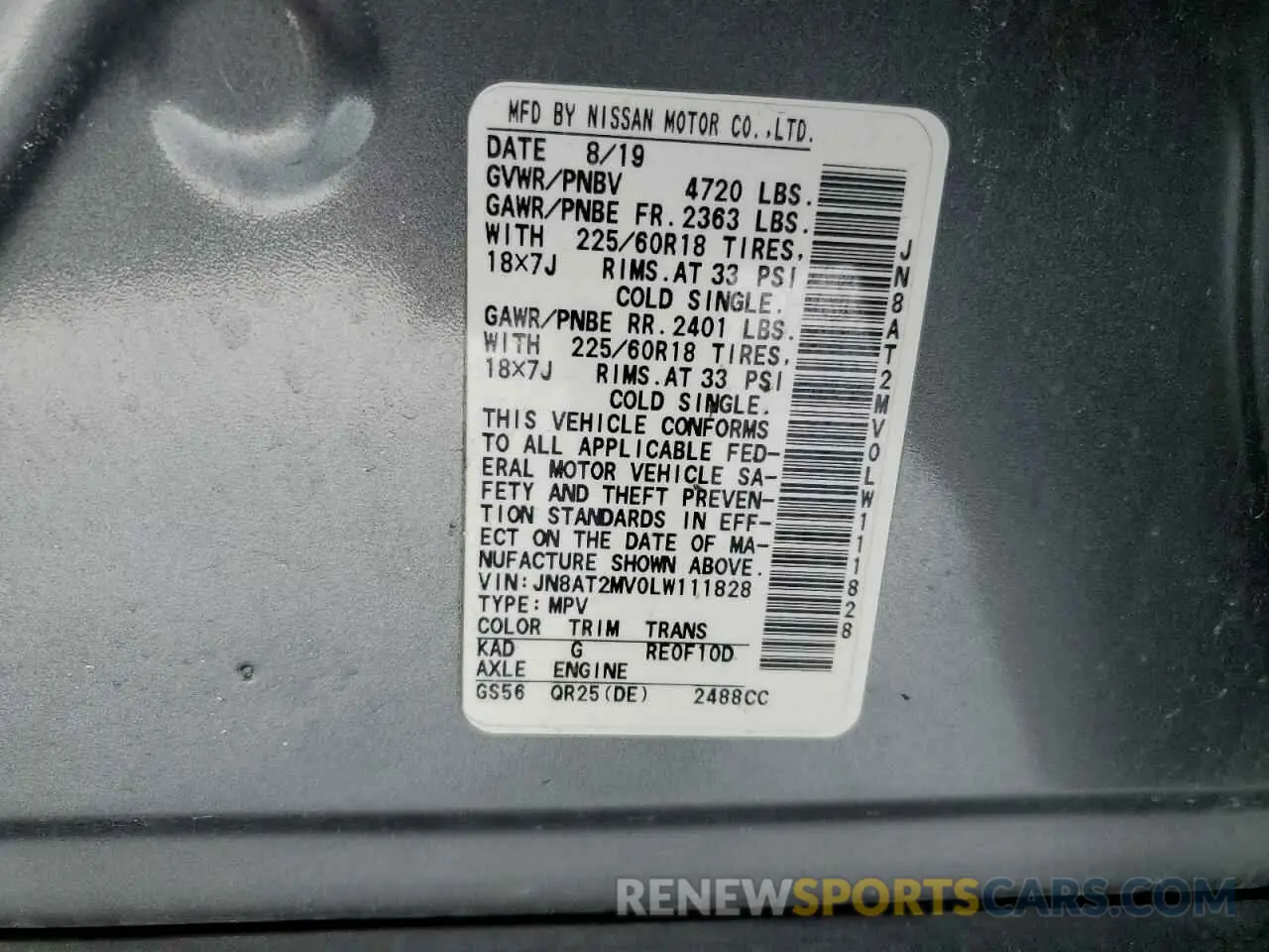 13 Photograph of a damaged car JN8AT2MV0LW111828 NISSAN ROGUE 2020