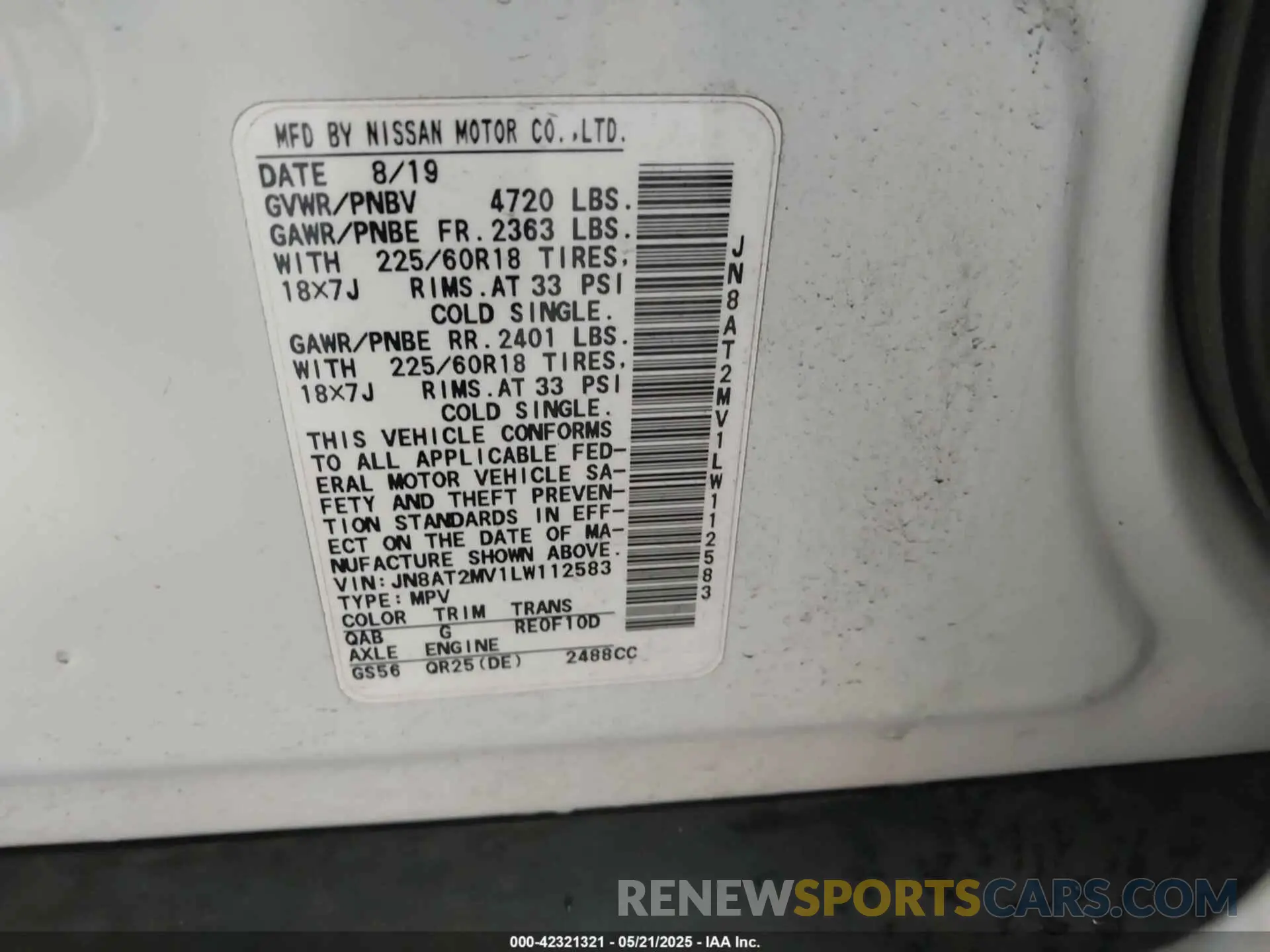 9 Photograph of a damaged car JN8AT2MV1LW112583 NISSAN ROGUE 2020
