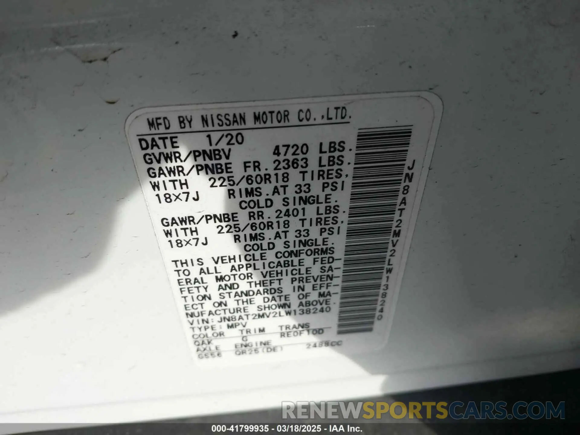9 Photograph of a damaged car JN8AT2MV2LW138240 NISSAN ROGUE 2020