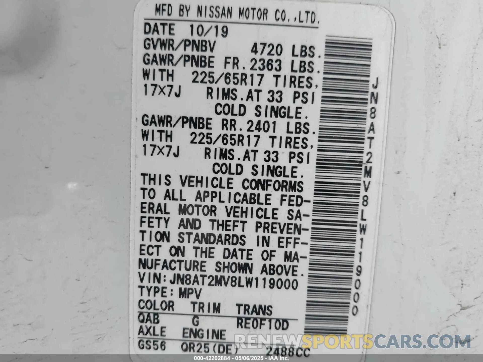9 Photograph of a damaged car JN8AT2MV8LW119000 NISSAN ROGUE 2020