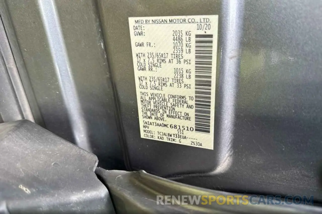 10 Photograph of a damaged car 5N1AT3AA0MC681510 NISSAN ROGUE 2021