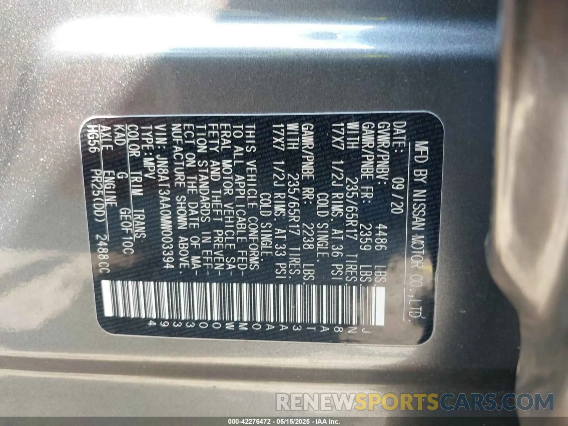 9 Photograph of a damaged car JN8AT3AA0MW003394 NISSAN ROGUE 2021