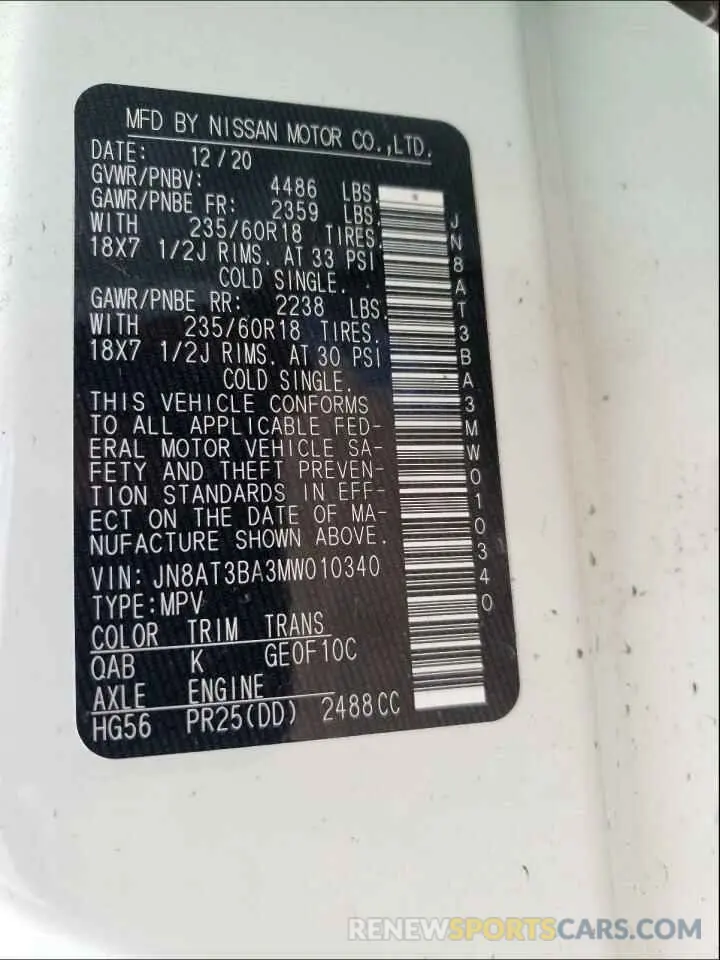 10 Photograph of a damaged car JN8AT3BA3MW010340 NISSAN ROGUE 2021