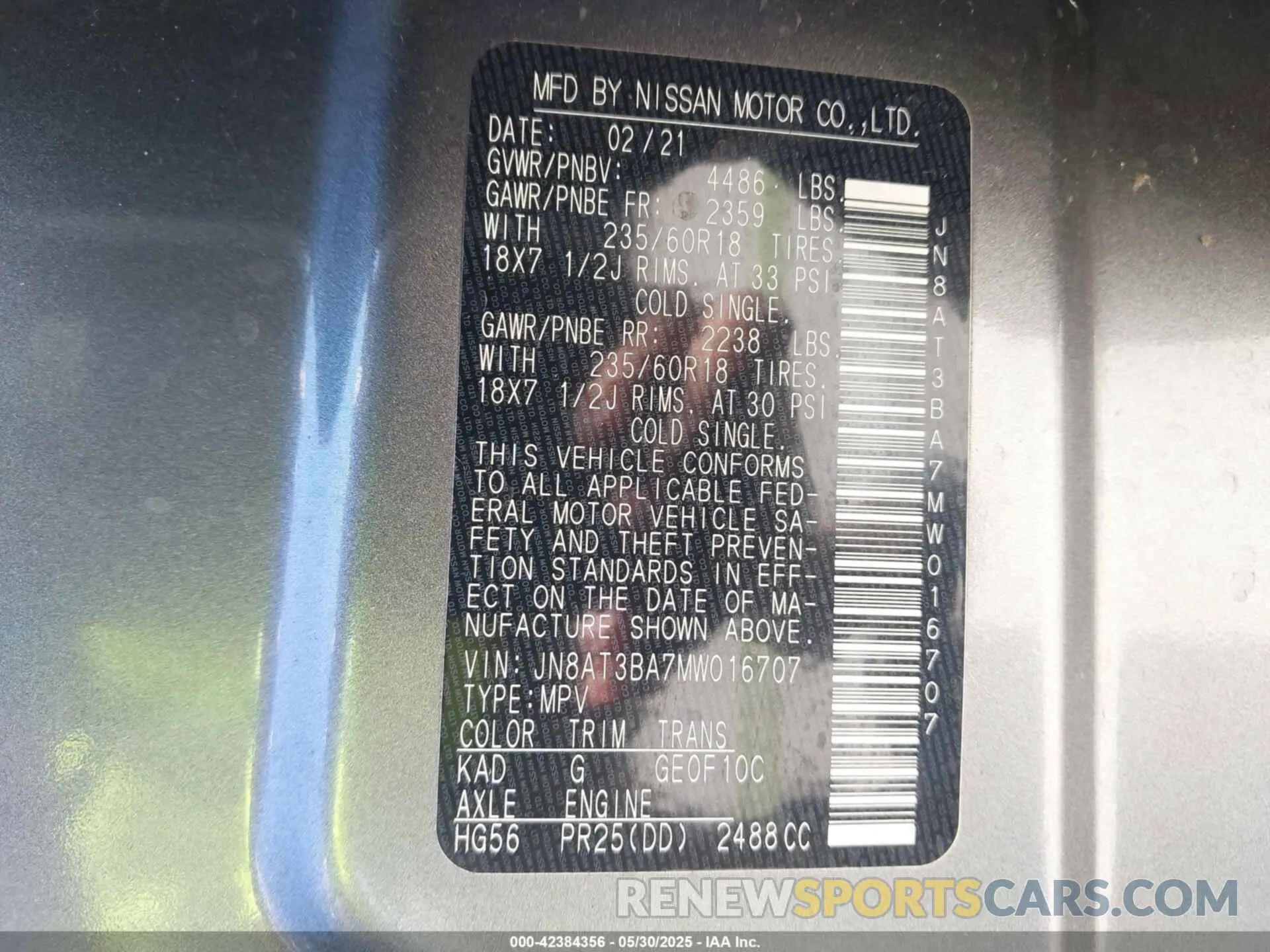 9 Photograph of a damaged car JN8AT3BA7MW016707 NISSAN ROGUE 2021