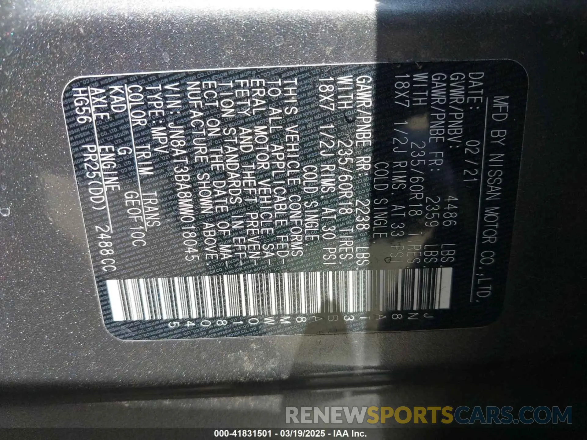 9 Photograph of a damaged car JN8AT3BA8MW018045 NISSAN ROGUE 2021