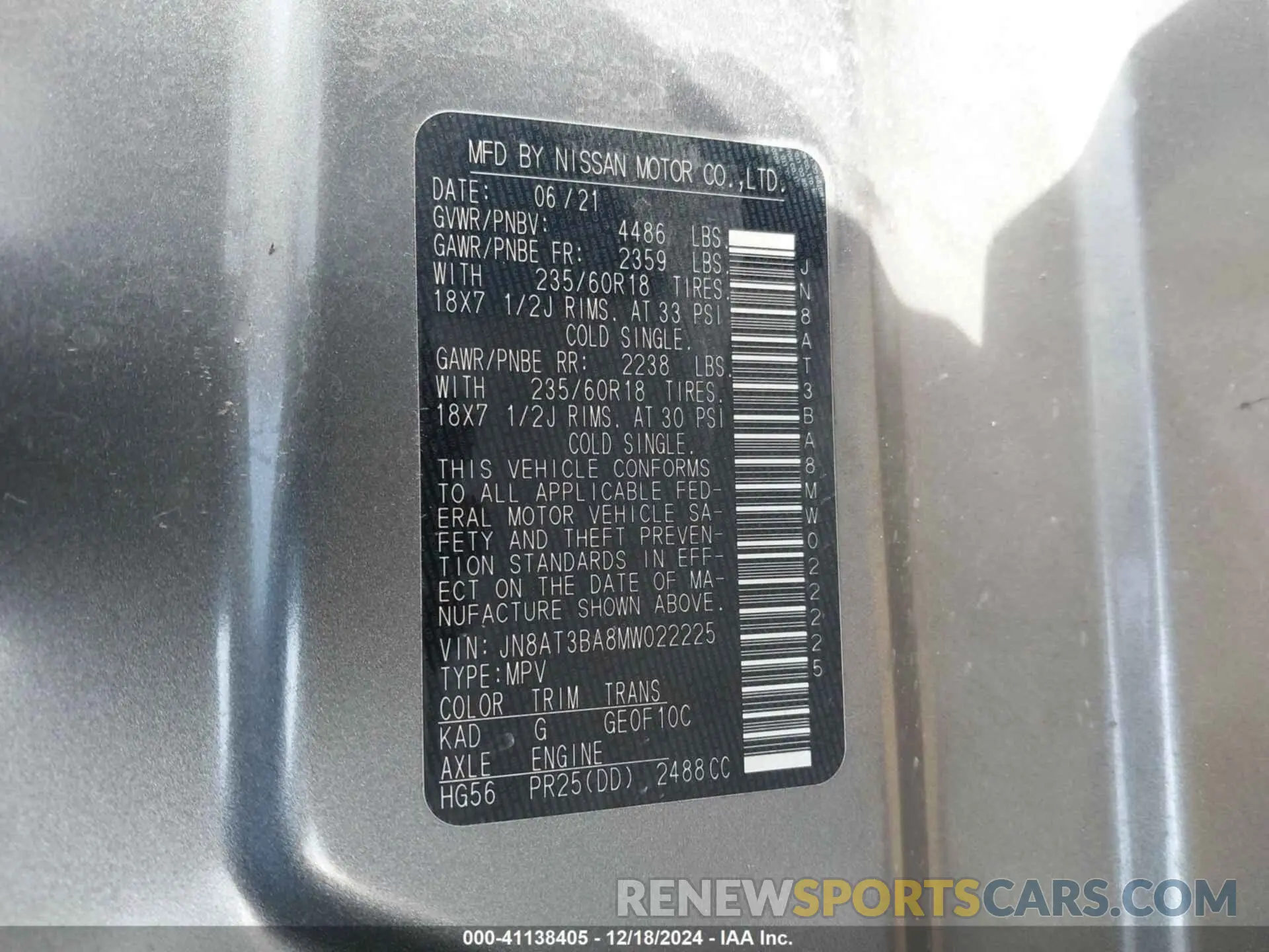 9 Photograph of a damaged car JN8AT3BA8MW022225 NISSAN ROGUE 2021