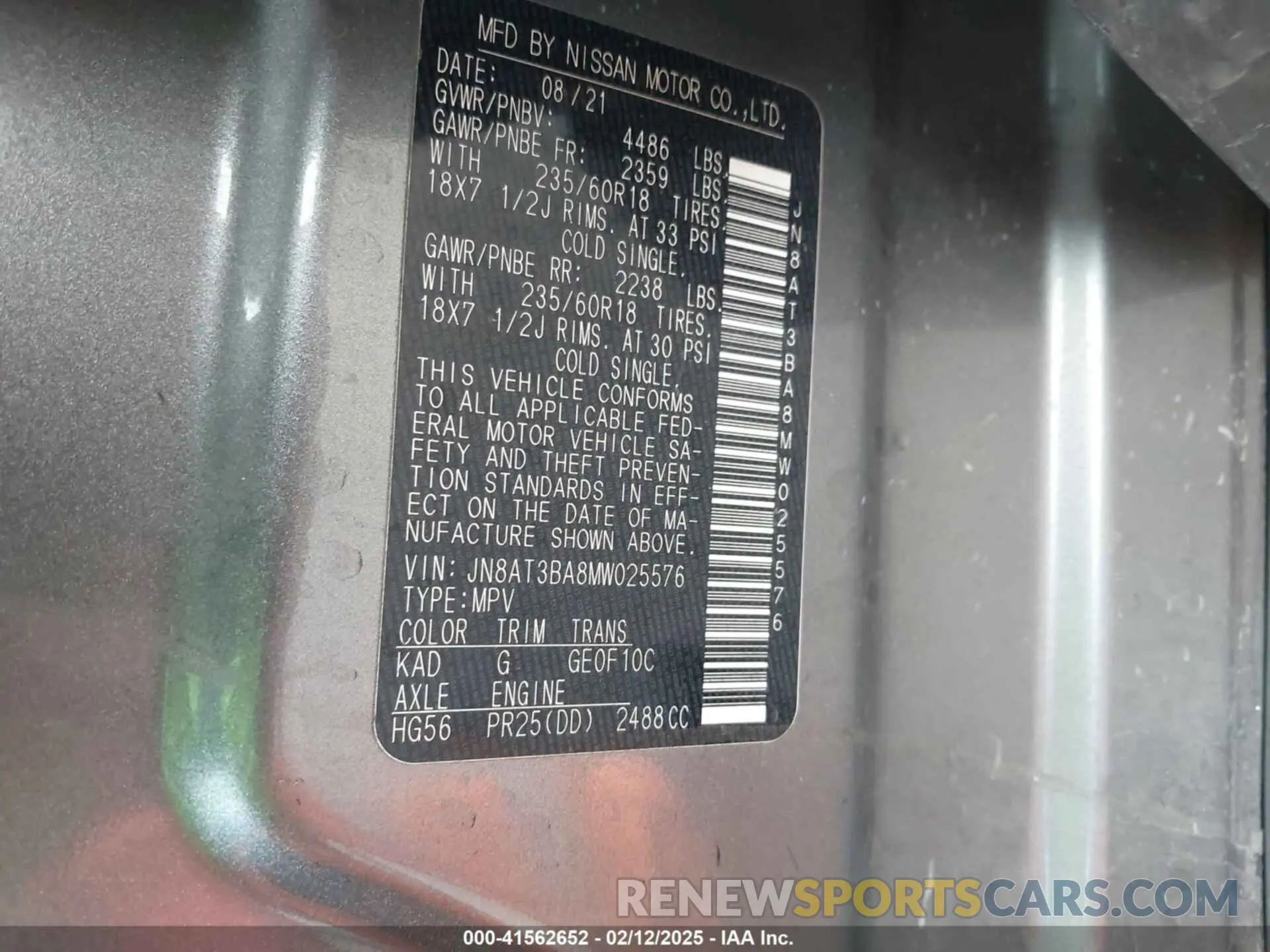 9 Photograph of a damaged car JN8AT3BA8MW025576 NISSAN ROGUE 2021