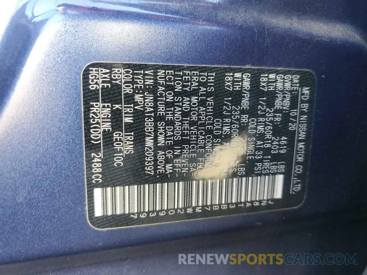 13 Photograph of a damaged car JN8AT3BB7MW209397 NISSAN ROGUE 2021