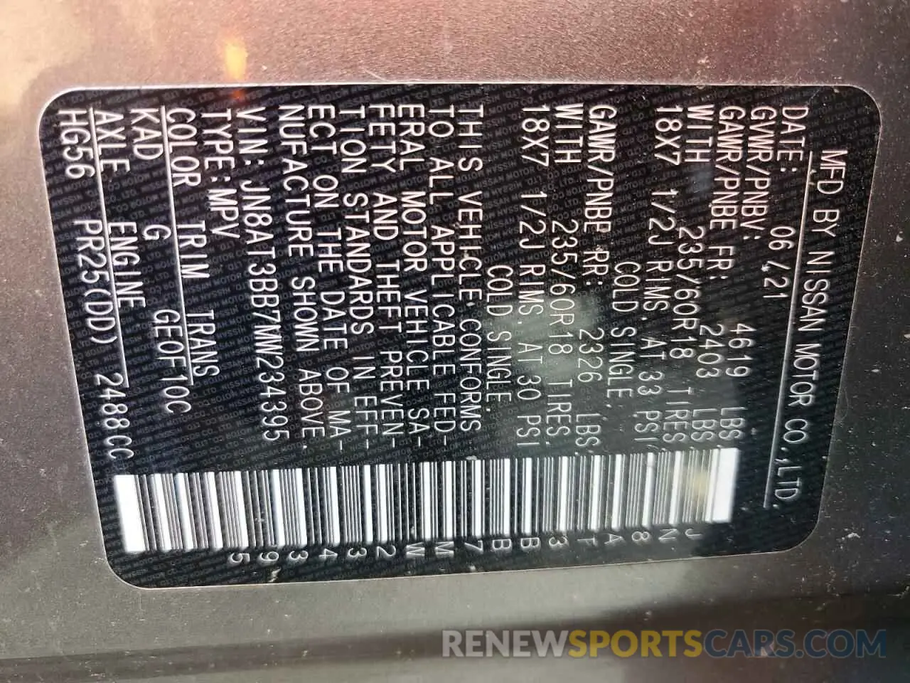 13 Photograph of a damaged car JN8AT3BB7MW234395 NISSAN ROGUE 2021