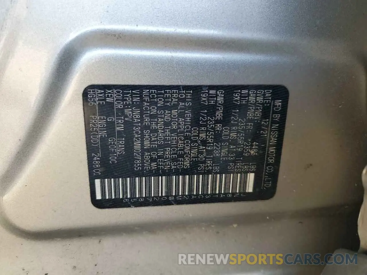 12 Photograph of a damaged car JN8AT3CA2MW027855 NISSAN ROGUE 2021
