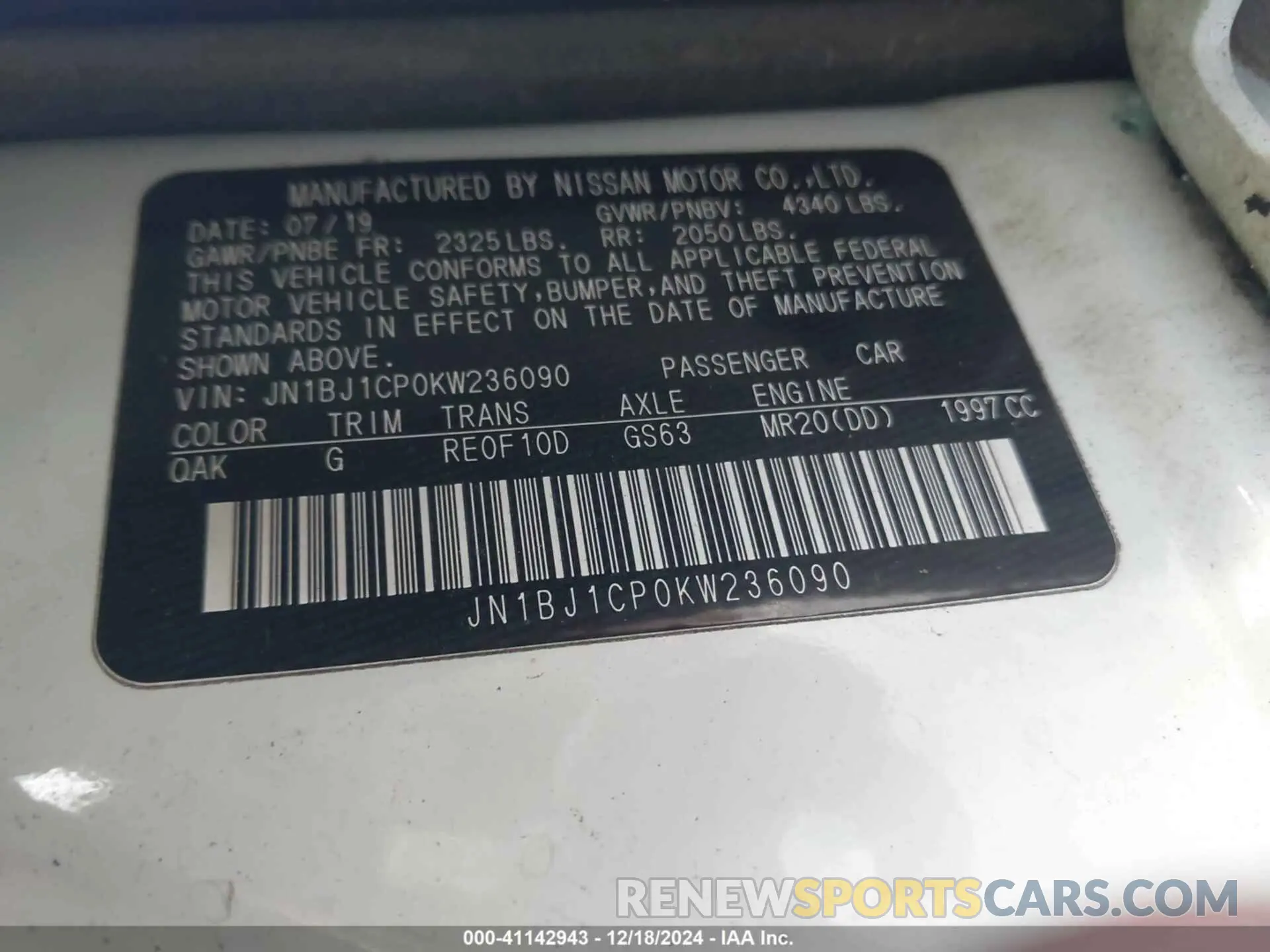 9 Photograph of a damaged car JN1BJ1CP0KW236090 NISSAN ROGUE SPORT 2019