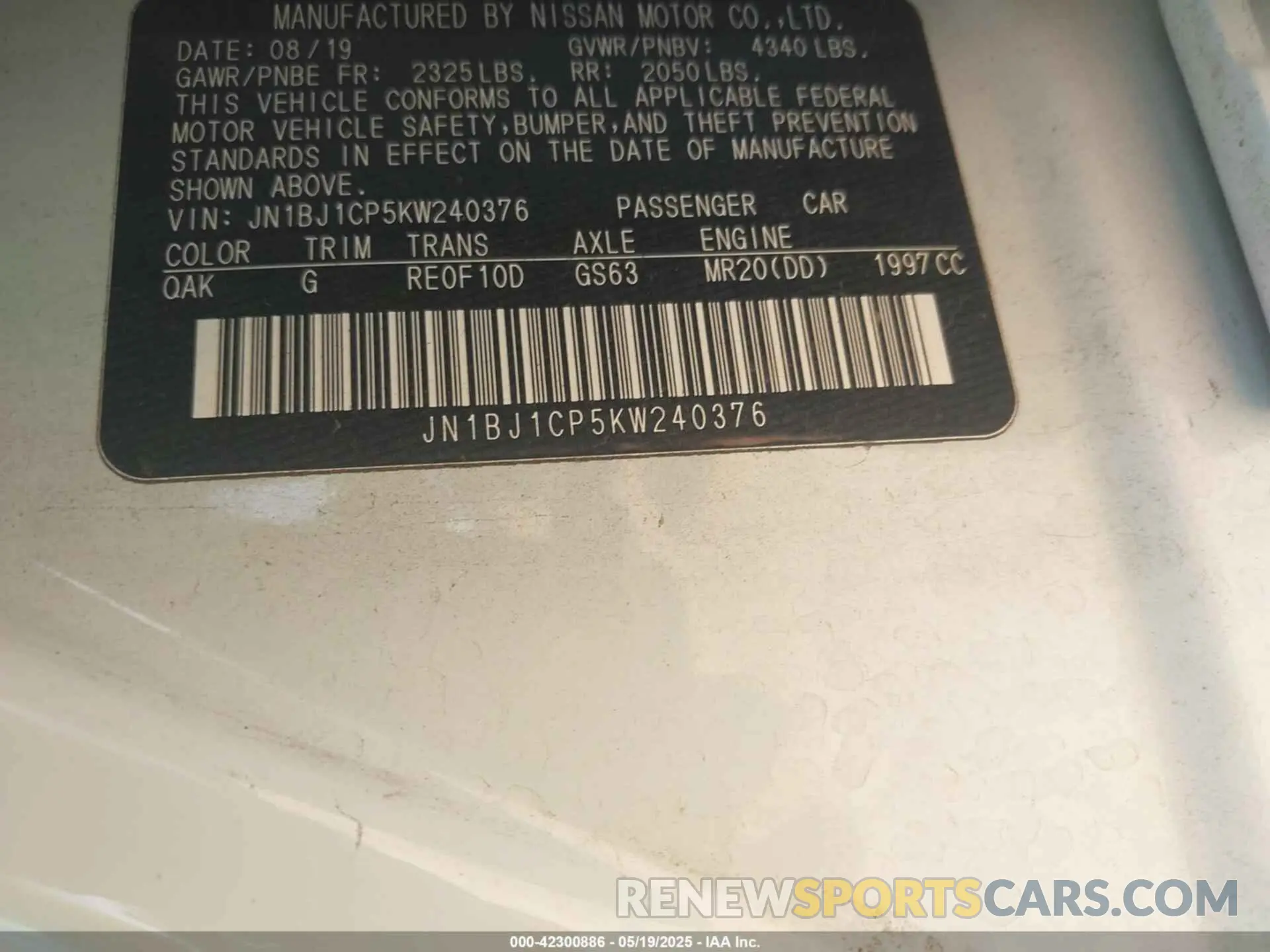 9 Photograph of a damaged car JN1BJ1CP5KW240376 NISSAN ROGUE SPORT 2019
