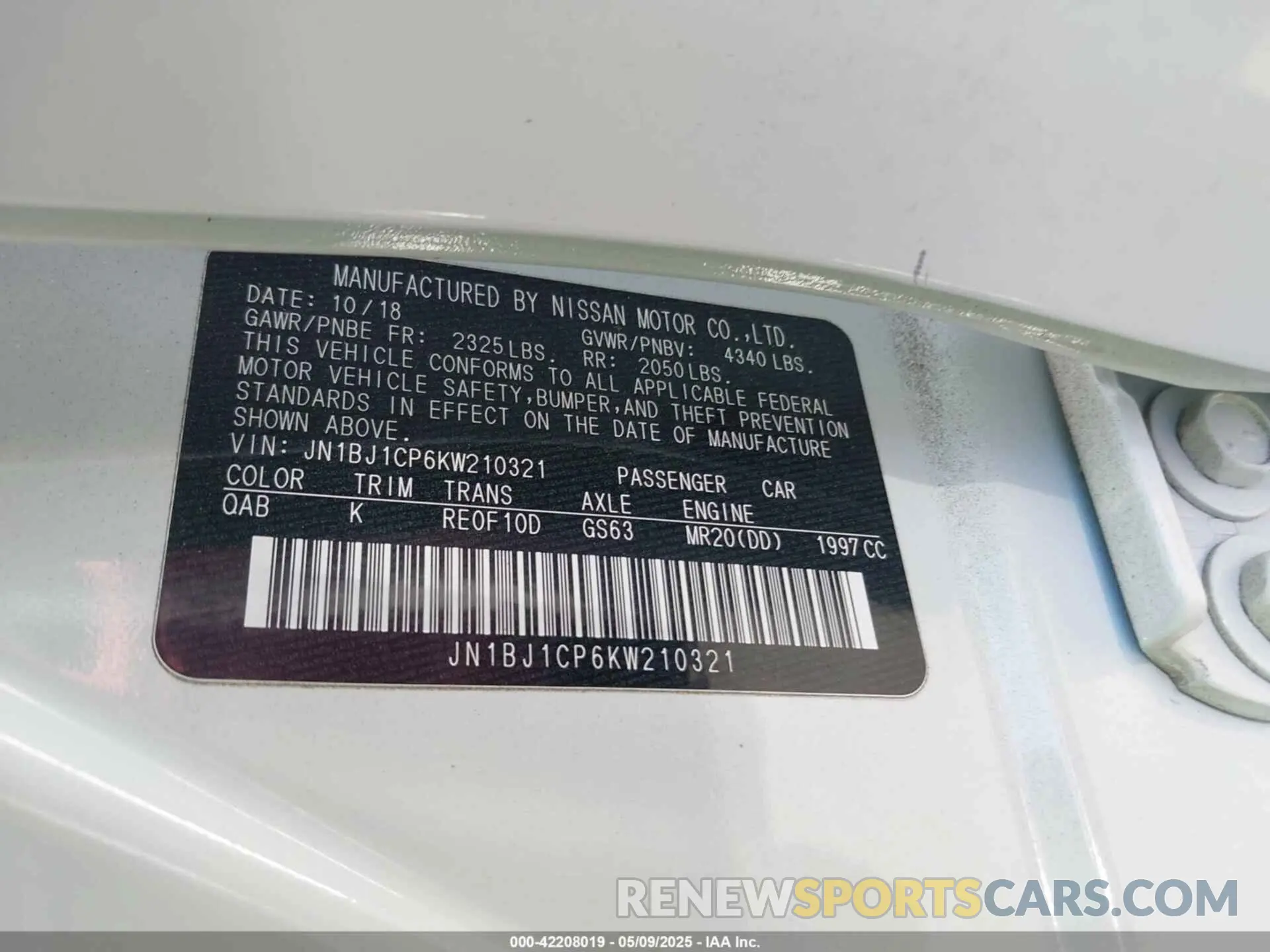 9 Photograph of a damaged car JN1BJ1CP6KW210321 NISSAN ROGUE SPORT 2019